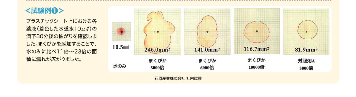 まくぴかを添加することで、水のみに比べ11倍〜23倍の面積に濡れが広がりました。